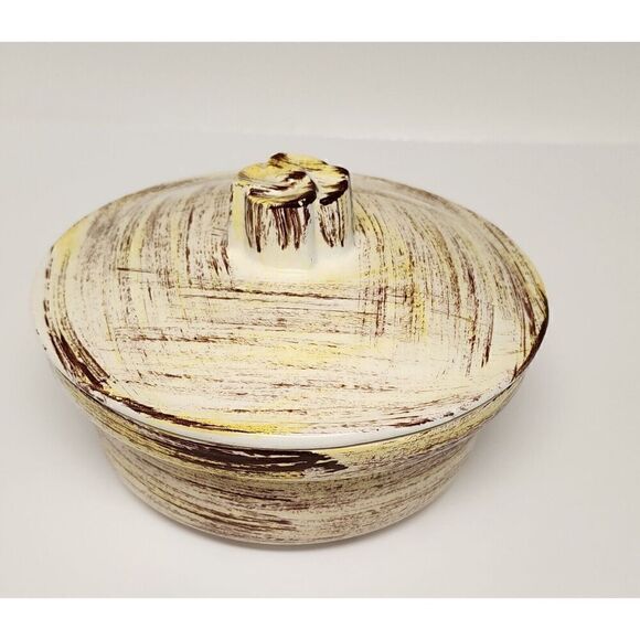 Vernonware Mid Century Brown, Ivory Yellow Ceramic Serving Dish w Lid 7x4.5 - Picture 3 of 9